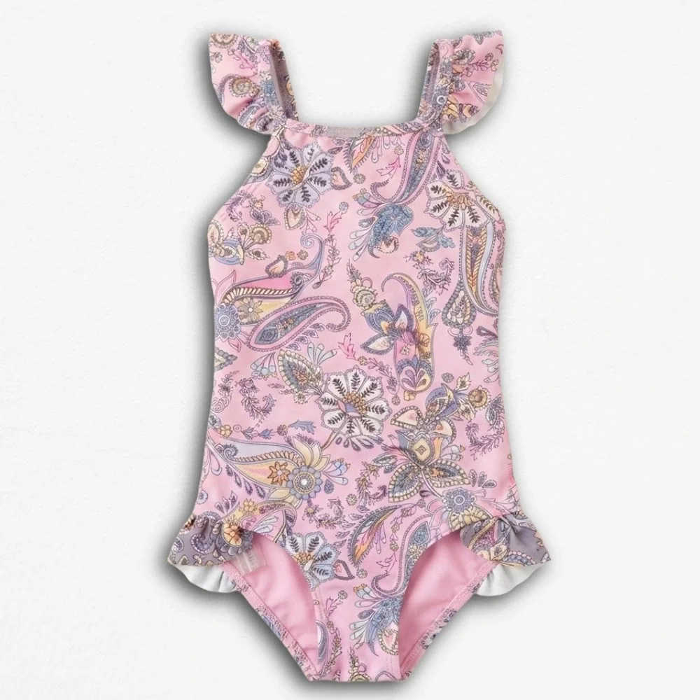 Ghanda Swim Kids Pink Paisley Ruffle One Piece Swimsuit Size 7-8